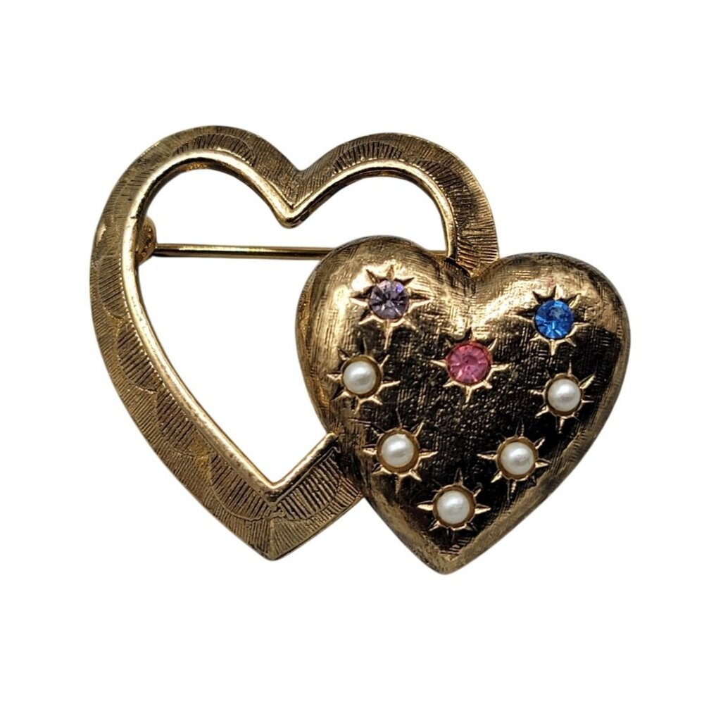 EMMONS Double Hearts Brooch Faux Pearl Multicolor Rhinestones Gold Tone Vintage